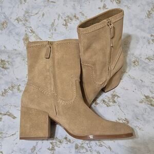 Vince Camuto Suede Ankle Boots Womens 9 1/2 M Pailey Camel Tan Block Heel Zip